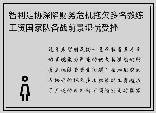 智利足协深陷财务危机拖欠多名教练工资国家队备战前景堪忧受挫