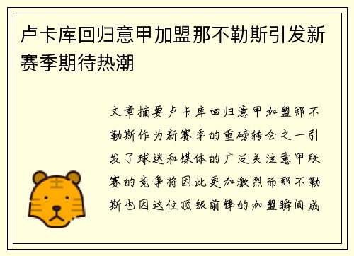 卢卡库回归意甲加盟那不勒斯引发新赛季期待热潮 卢卡库回归意甲加盟那不勒斯引发新赛季期待热潮